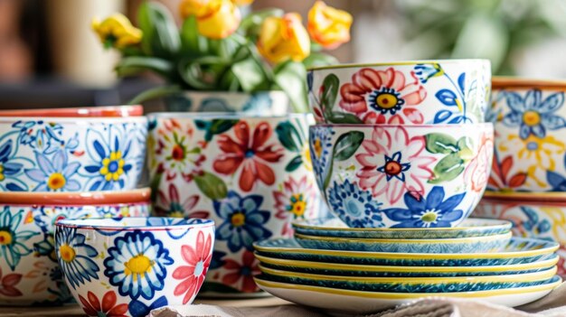 Un conjunto de cerámicas coloridas decoradas con intrincados patrones florales e inspiradas en el vibrante