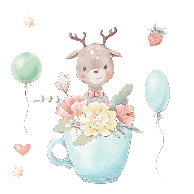 Conjunto de cervatillo de dibujos animados lindo en una taza. Globos y flores