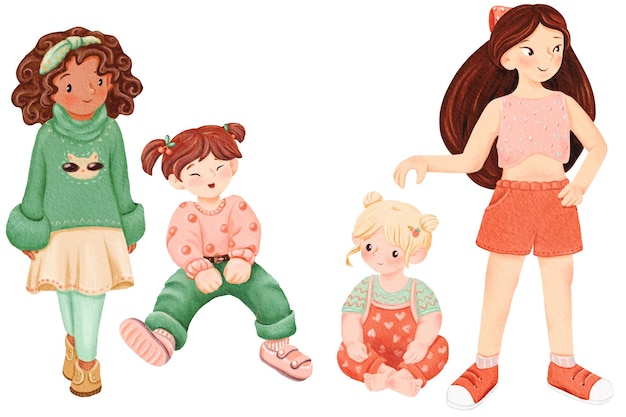 Un conjunto de chicas de dibujos animados en diferentes poses chica de piel oscura muy sonriente niño en vaqueros