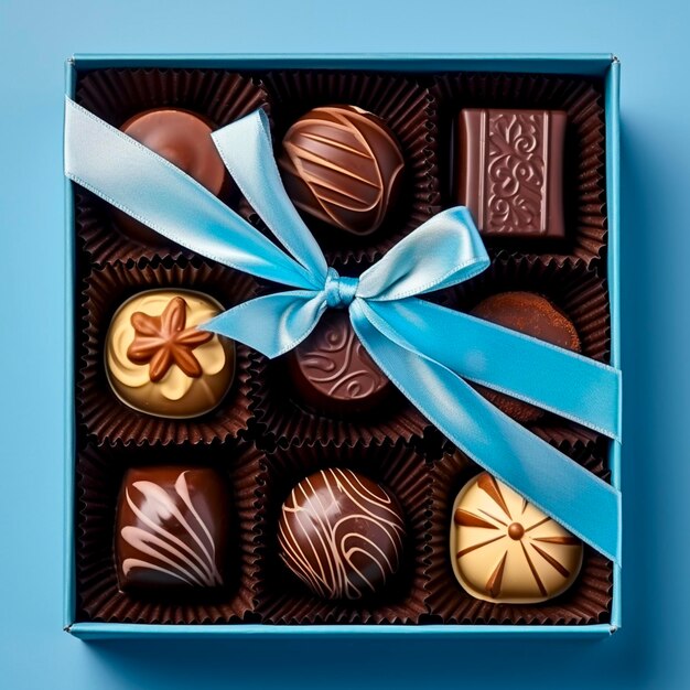 Foto un conjunto de chocolates diferentes en una caja de papel con una cinta azul satinada en un fondo azul brillante