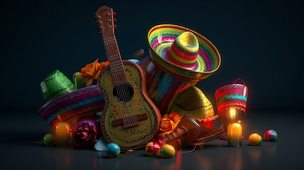 Conjunto Cinco de Mayo sombreros pinatas uma guitarra maracas e decoração Generative AI