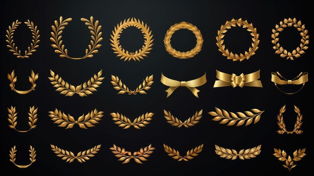 Foto conjunto de cintas doradas coronas de laurel de diferentes formas para los ganadores podio de oro premio de liderazgo de lujo realista 3d con brillo que cae y humo ligero sobre fondo oscuro