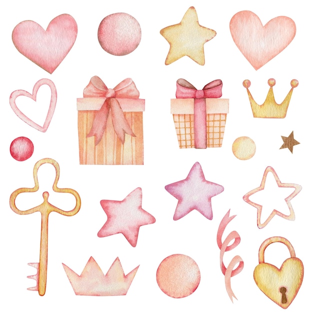Conjunto de cintas rosadas sombrero de vacaciones en forma de corazón candado caja de regalo estrella acuarela ilustración