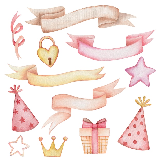 Conjunto de cintas rosadas sombrero de vacaciones en forma de corazón candado caja de regalo estrella acuarela ilustración
