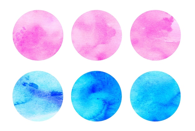 Conjunto de círculos de acuarela azul y rosa Formas geométricas de colores brillantes redondas sobre fondo blanco Manchas de Aquarelle en textura de papel Plantilla de arte abstracto para su diseño