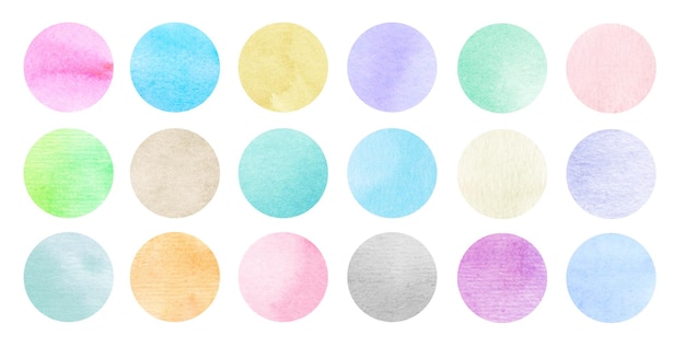Conjunto de círculos de acuarela de colores Patrón de acuarela pastel Rosa azul verde amarillo púrpura naranja sobre fondo blanco Telón de fondo de acuarela multicolor Plantilla de arte abstracto para su diseño