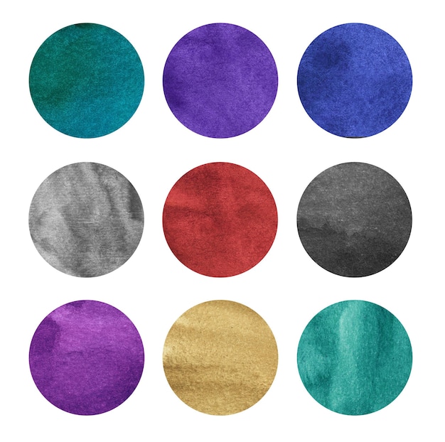 Conjunto de círculos coloridos de acuarela Azul púrpura verde rojo violeta arena negra círculos de acuarela sobre fondo blanco