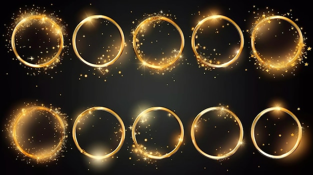 Un conjunto de círculos dorados con destellos sobre un fondo negro.