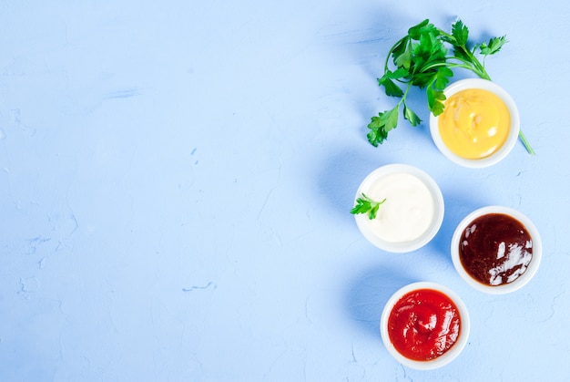 Conjunto clásico de salsas en platillos blancos