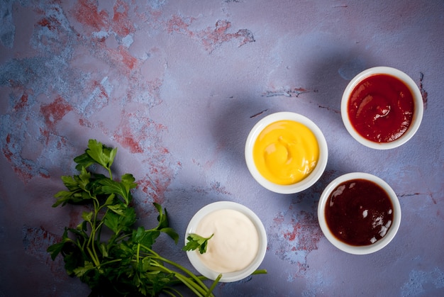 Conjunto clásico de salsas en platillos blancos