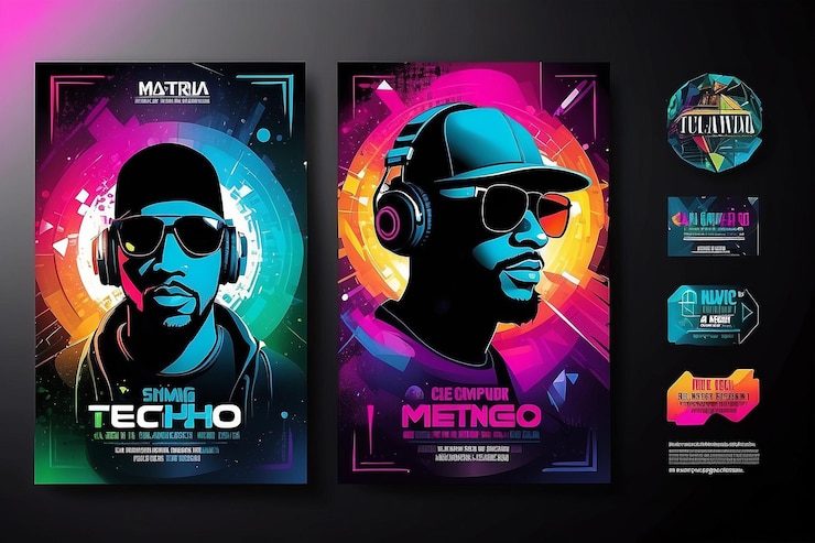 Foto conjunto de club disco flyer con forma de dj y fondos escalables coloridos