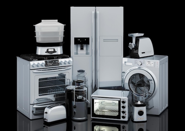 Conjunto de cocina y electrodomésticos en color plata 3D rendering