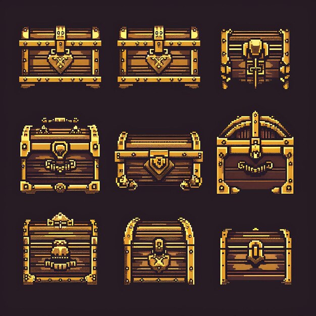 Conjunto de cofres reales de 8 bits de píxeles con tallas detalladas y diseño conceptual de activos de juego Tri Gold