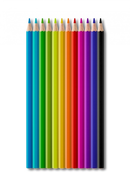 Conjunto de colección de lápices de madera de color sobre fondo blanco.