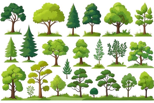 Conjunto de colecciones de árboles forestales caducifolios y de hoja perenne en diseño vectorial plano aislados sobre fondo blanco