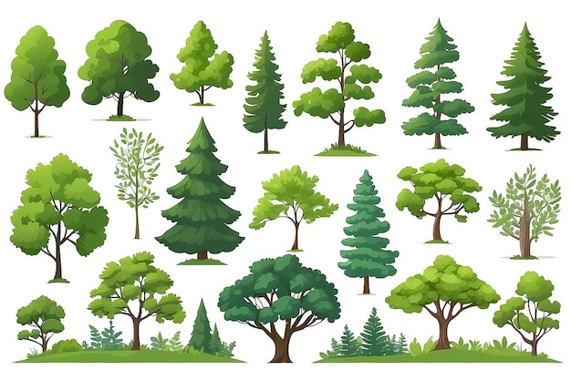 Conjunto de colecciones de árboles forestales caducifolios y de hoja perenne en diseño vectorial plano aislados sobre fondo blanco