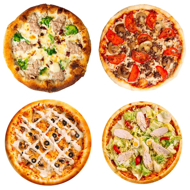 Conjunto de collage de cuatro pizzas diferentes para menú aislado