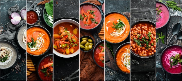 Conjunto de collage de fotos de sopas de colores Comida saludable Sobre un fondo de piedra negra