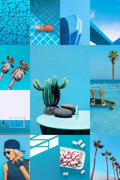 Conjunto de collages de fotos estéticas de moda Imágenes minimalistas de un color superior Fresco Azul Tropical tabla de humor de verano