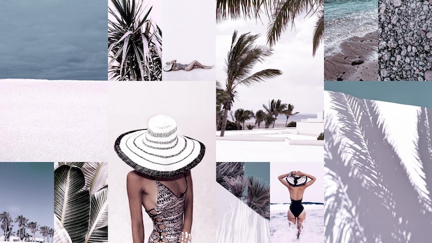 Conjunto de collages de fotos estéticas de moda imágenes de moda minimalistas vibraciones de vacaciones en la playa moodboard