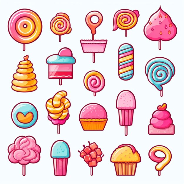 Foto un conjunto de coloridos caramelos e íconos de piruletas generativos ai