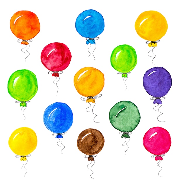 Conjunto de coloridos globos de acuarela sobre fondo blanco