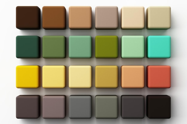 Conjunto de coloridos marrón-verde-naranja y gris caja cuadrada realista con textura de tela en fondo blanco renderización 3D