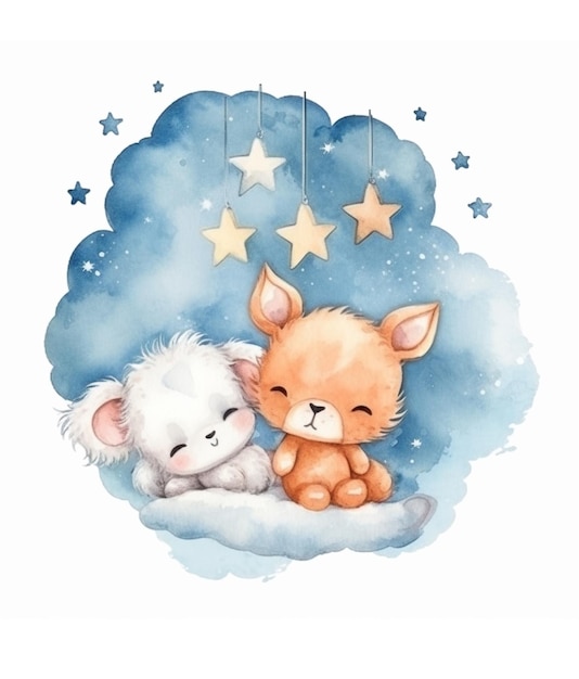 Conjunto com animal bebê fofo aquarela dormindo na nuvem com estrelas
