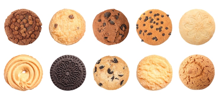 Foto conjunto com deliciosos biscoitos diferentes em design de banner de vista superior de fundo branco