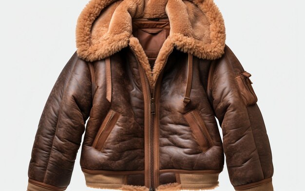 Conjunto com vistas dianteiras e traseiras da jaqueta de Shearling