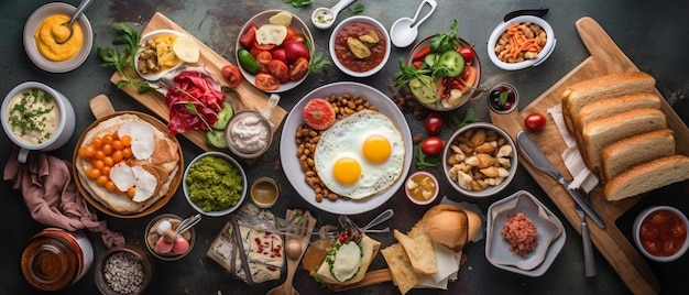 Conjunto de comida de desayuno americano con vista superior de arreglo estético