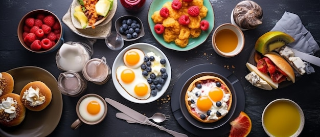 Conjunto de comida de desayuno americano con vista superior de arreglo estético