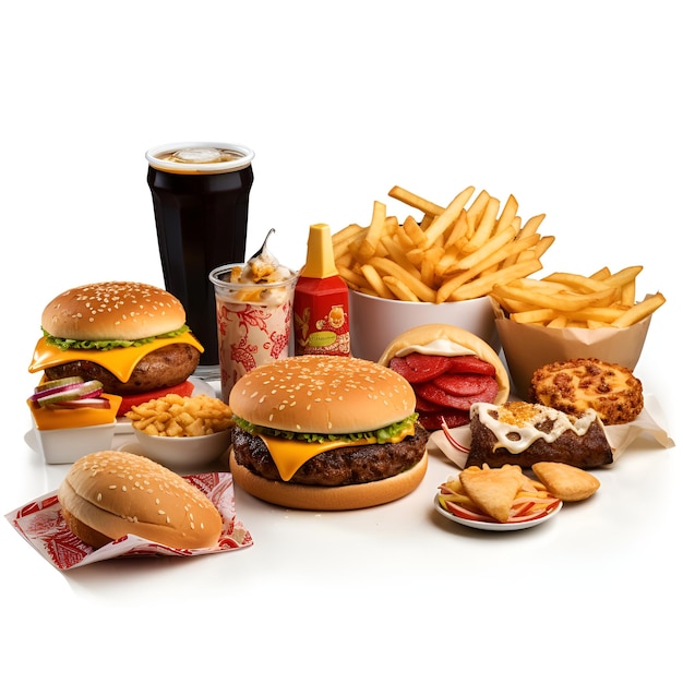 Foto conjunto de comida rápida en fondo blanco.