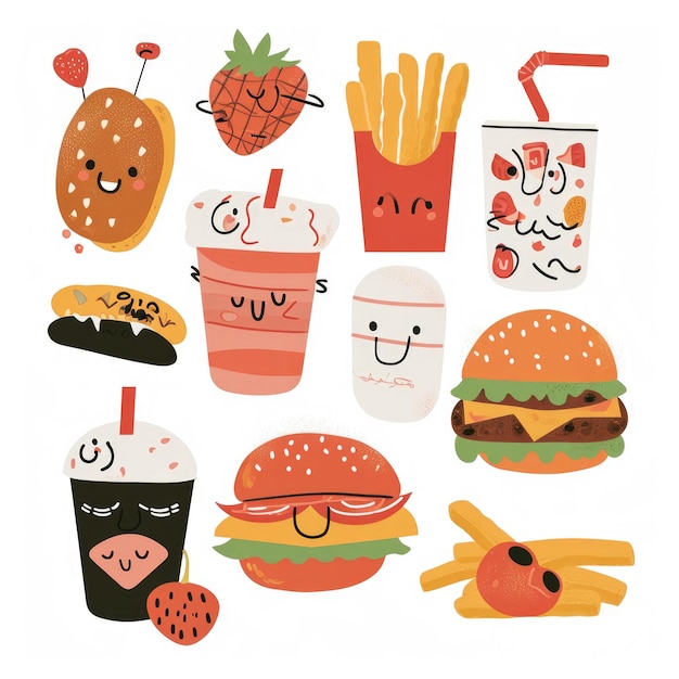 Conjunto de comida de varios estilos de dibujos animados