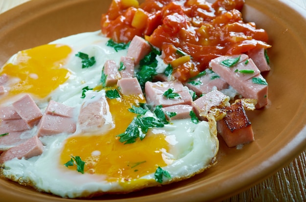 Conjunto completo de café da manhã - linguiça frita, ovos fritos, salada de vegetais