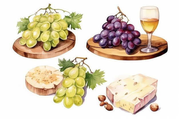 Un conjunto de composiciones de aperitivos de vino uvas de queso en platos de madera en estilo acuarela