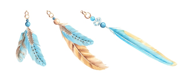 Conjunto de composiciones de plumas marrones pálidas beige y azules cuentas y cristales aislados en blanco