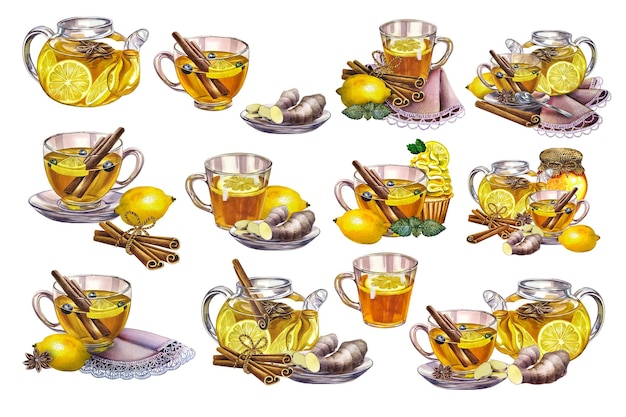 Un conjunto de composiciones con té antiviral fragante con limón Ilustración dibujada a mano con acuarela