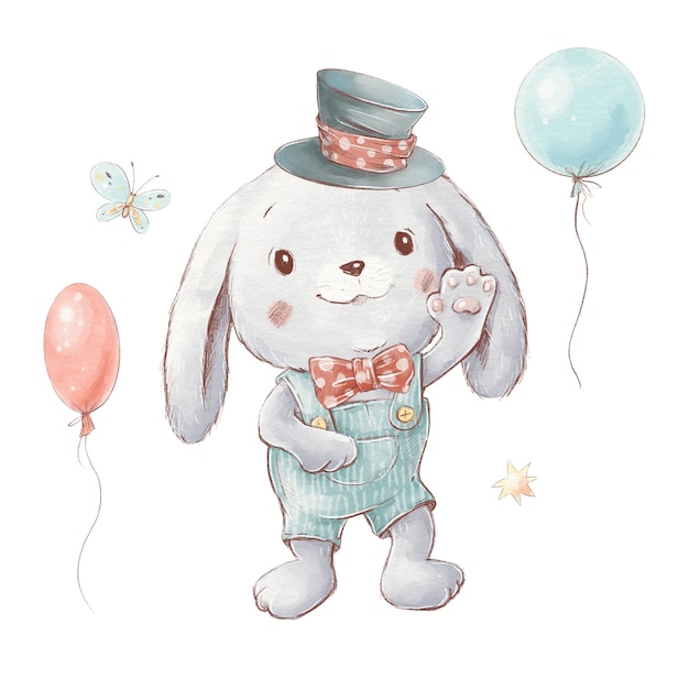 Conjunto de conejito de dibujos animados lindo con un sombrero con globos.