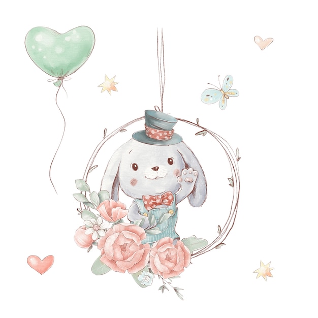Conjunto de conejito de dibujos animados lindo con un sombrero con globos.