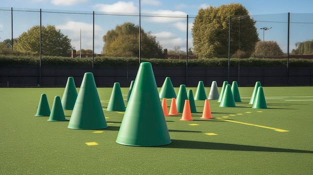 Un conjunto de conos de agilidad y obstáculos dispuestos en un área de entrenamiento