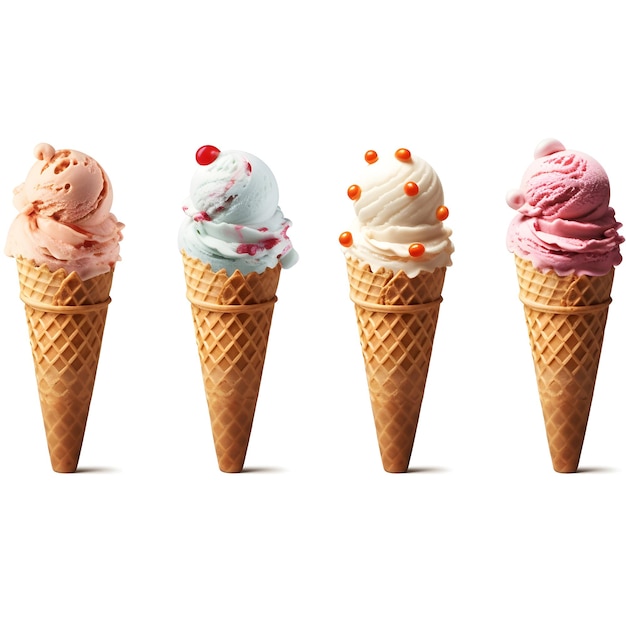 Conjunto de conos de helado con diferentes sabores aislados en transparente