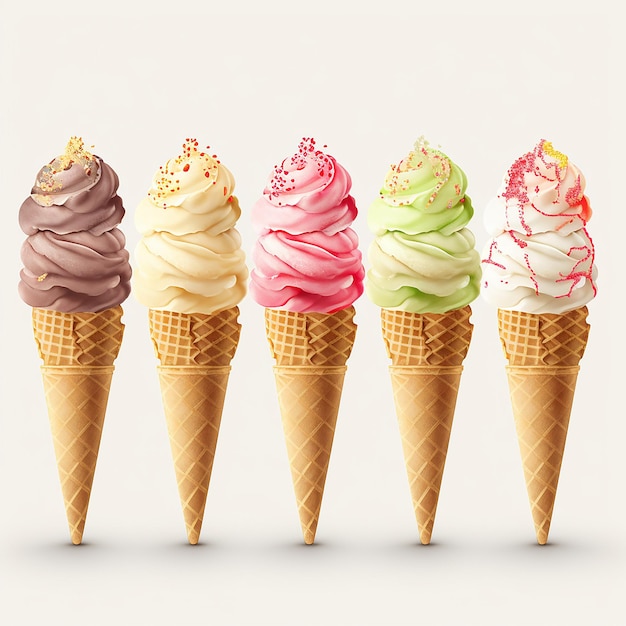 Conjunto de conos de helado con diferentes sabores sobre fondo blanco.