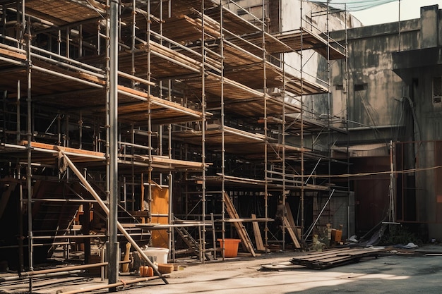 Conjunto de construcción andamios de acero y hormigón para la construcción de una casa