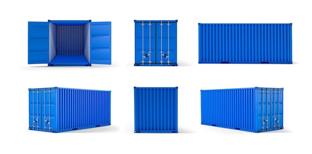 Conjunto de contenedores de carga de color azul Vista frontal trasera y perspectiva