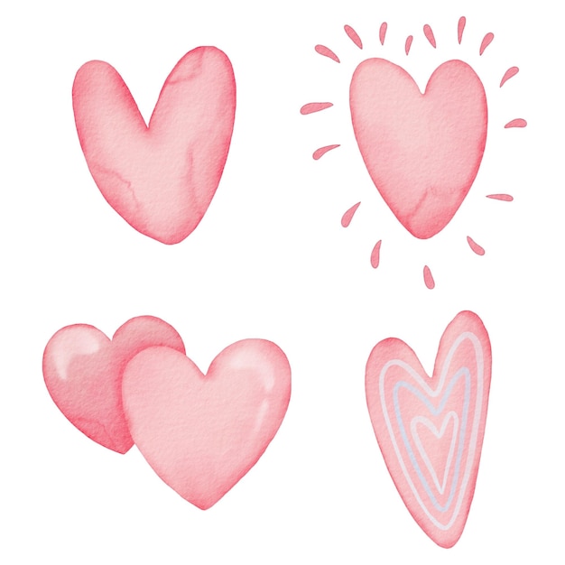 Conjunto de corazones de acuarela aislados sobre un fondo blanco plantilla de diseño de bodas o día de San Valentín concepto de cartel de amor cartel de pancarta dibujos a mano de varios corazones rojos y rosados aislados