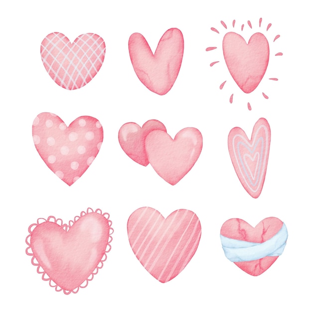 Conjunto de corazones de acuarela aislados sobre un fondo blanco plantilla de diseño de bodas o día de San Valentín concepto de cartel de amor cartel de pancarta dibujos a mano de varios corazones rojos y rosados aislados