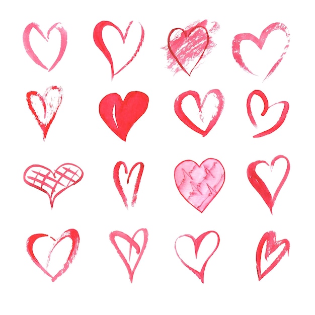 Conjunto de corazones dibujados a mano acuarela sobre superficie blanca. Colección de iconos de estilo de dibujo