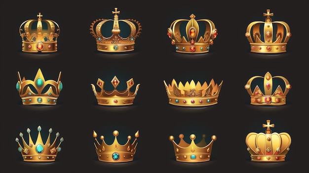 Un conjunto de corona dorada aislada aislada sobre un fondo negro Ilustración moderna de un símbolo real una pieza de joyería diseñada con piedras preciosas un diseño de tesoro medieval un rey o reina