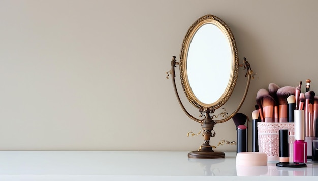 Foto conjunto de cosmética decorativa y espejos en tocador.